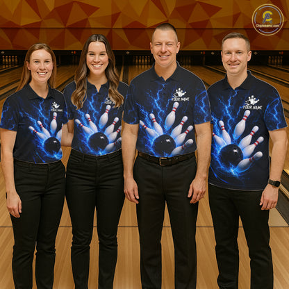 Personalized Blue Thunder Lightning Bowling Jersey For Women, Bowling League Shirts Polo & 1/4 Zip TDM6573