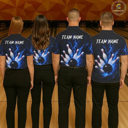 Personalized Blue Thunder Lightning Bowling Jersey For Women, Bowling League Shirts Polo & 1/4 Zip TDM6573