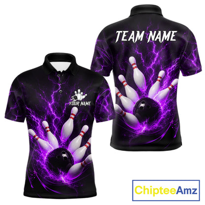Personalized Purple Thunder Lightning Bowling Jersey For Men, Bowling League Shirts Polo & 1/4 Zip TDM6574
