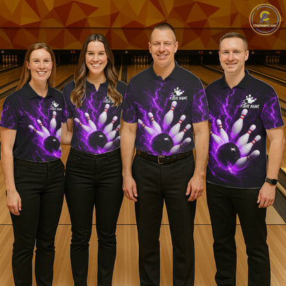 Personalized Purple Thunder Lightning Bowling Jersey For Women, Bowling League Shirts Polo & 1/4 Zip TDM6574