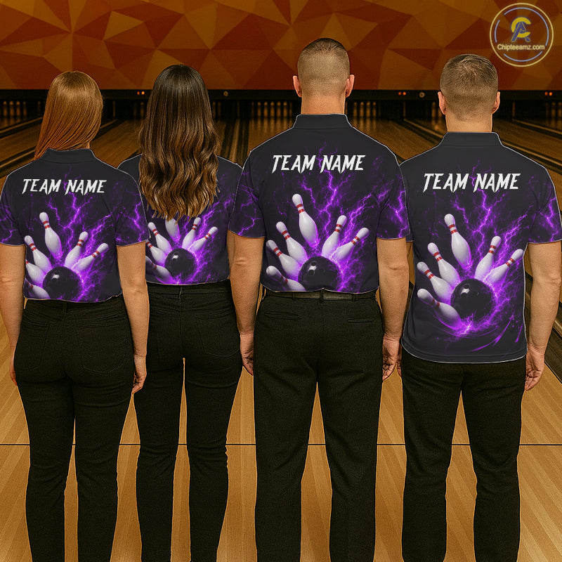Personalized Purple Thunder Lightning Bowling Jersey For Women, Bowling League Shirts Polo & 1/4 Zip TDM6574