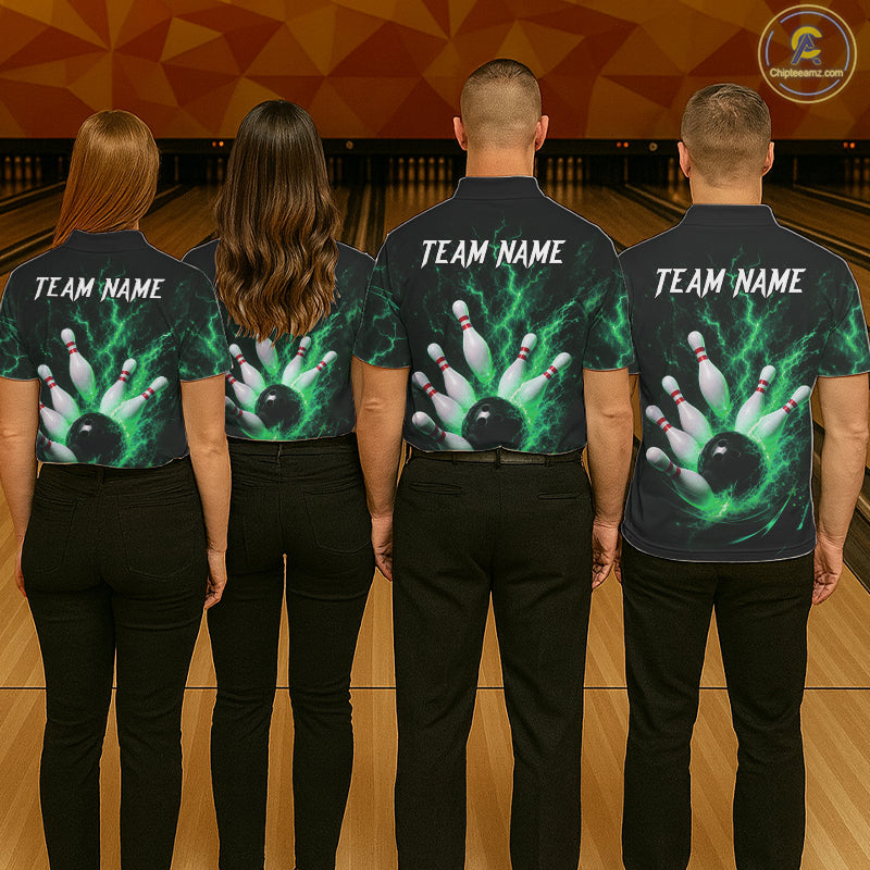 Personalized Green Thunder Lightning Bowling Jersey For Women, Bowling League Shirts Polo & 1/4 Zip TDM6575