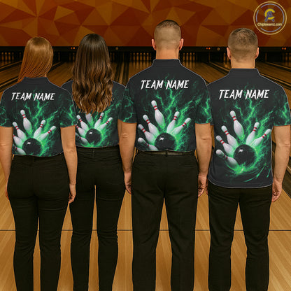 Personalized Green Thunder Lightning Bowling Jersey For Women, Bowling League Shirts Polo & 1/4 Zip TDM6575