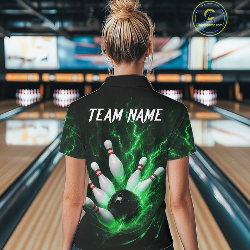 Personalized Green Thunder Lightning Bowling Jersey For Women, Bowling League Shirts Polo & 1/4 Zip TDM6575