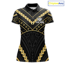 Load image into Gallery viewer, Black and gold 8 ball tribal billiard polo shirt for women with custom pool team graphics.