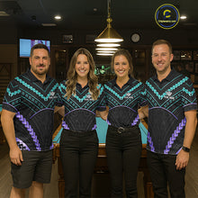 Load image into Gallery viewer, Pool team wearing matching teal and purple 8 ball tribal billiard jerseys during tournament competition front view.