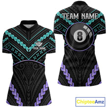 Load image into Gallery viewer, Teal and purple 8 ball tribal billiard quarter zip shirt for women designed for league tournaments and team events.