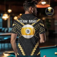 Load image into Gallery viewer, Back view of man wearing a black and gold 9 ball tribal pool shirt in a billiards hall.