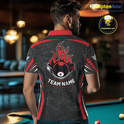 Black And Red 8 Ball Flame Billiard Shirt For Men Custom Pool Team Shirt, Billiard Jersey TDM5790