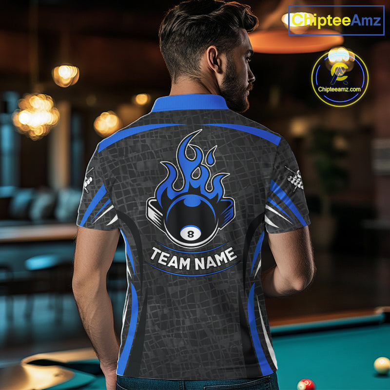 Black And Blue 8 Ball Flame Billiard Shirt For Men Custom Pool Team Shirt, Billiard Jersey TDM5791