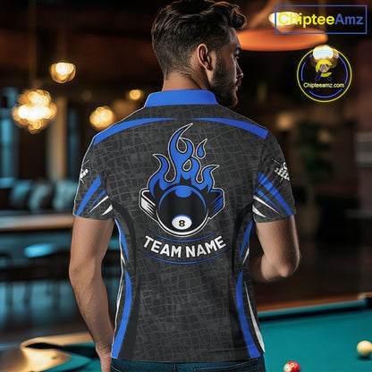 Black And Blue 8 Ball Flame Billiard Shirt For Men Custom Pool Team Shirt, Billiard Jersey TDM5791