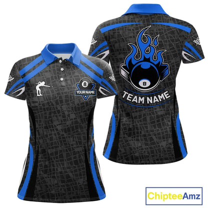 Black And Blue 8 Ball Flame Billiard Shirt For Women Custom Pool Team Shirt, Billiard Jersey TDM5791