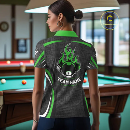 Black And Green 8 Ball Flame Billiard Shirt For Women Custom Pool Team Shirt, Billiard Jersey TDM5792