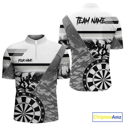 Custom Black And White Grunge Darts Shirt For Men, Darts Team Jersey Polo & 1/4 Zip TDM6143