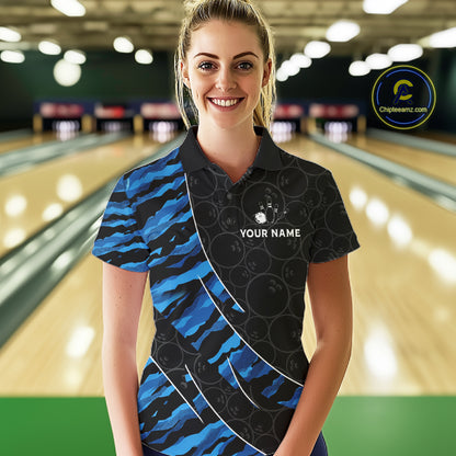 Texas Flag Blue Camo Bowling Shirt For Women Custom Patriotic Bowling Team Jersey Polo & 1/4 Zip TDM6387