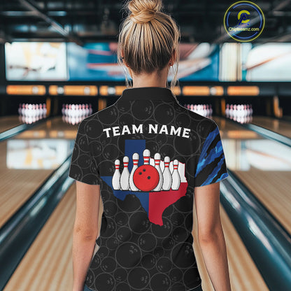 Texas Flag Blue Camo Bowling Shirt For Women Custom Patriotic Bowling Team Jersey Polo & 1/4 Zip TDM6387