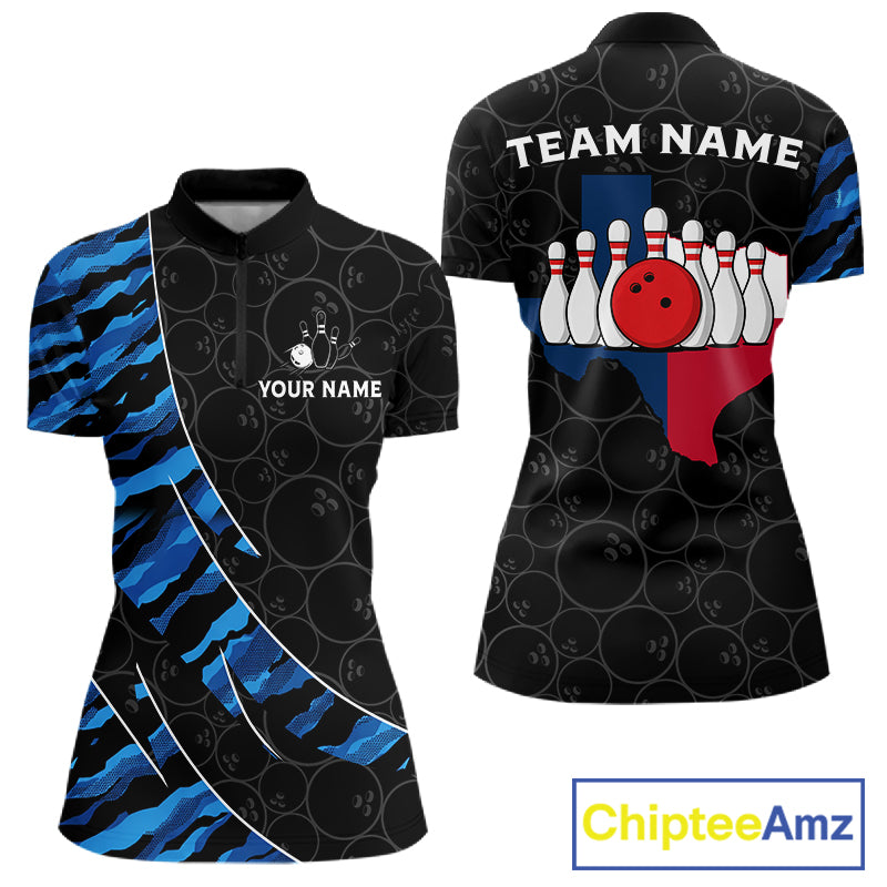 Texas Flag Blue Camo Bowling Shirt For Women Custom Patriotic Bowling Team Jersey Polo & 1/4 Zip TDM6387