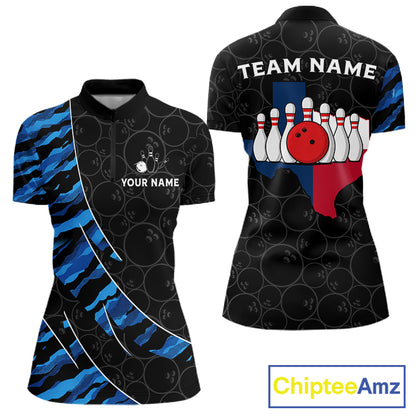 Texas Flag Blue Camo Bowling Shirt For Women Custom Patriotic Bowling Team Jersey Polo & 1/4 Zip TDM6387