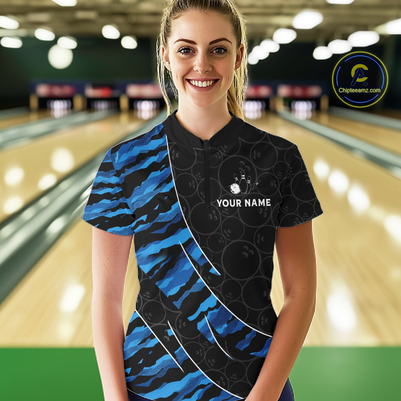 Texas Flag Blue Camo Bowling Shirt For Women Custom Patriotic Bowling Team Jersey Polo & 1/4 Zip TDM6387