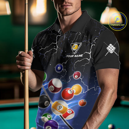 Man wearing a blue grim reaper lightning 9 ball billiard jersey beside a pool table front view.