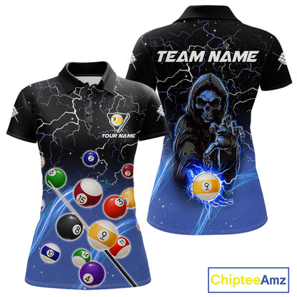 Blue grim reaper lightning 9 ball billiard polo shirt for women with custom pool team graphics.