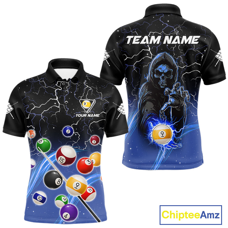 Blue grim reaper lightning 9 ball billiard polo shirt for men with custom pool team graphics.