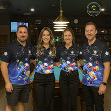 Load image into Gallery viewer, Pool team wearing matching blue grim reaper lightning 9 ball billiard jerseys during tournament competition front view.