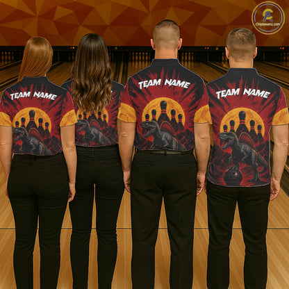 Bowling team wearing matching personalized black and red dinosaur bowling team jerseys, back view.