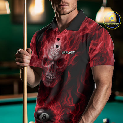 Red Flaming Skull 8 Ball Fire Billiard Shirt For Men Custom Billiard Team Jersey Polo & 1/4 Zip TDM5064