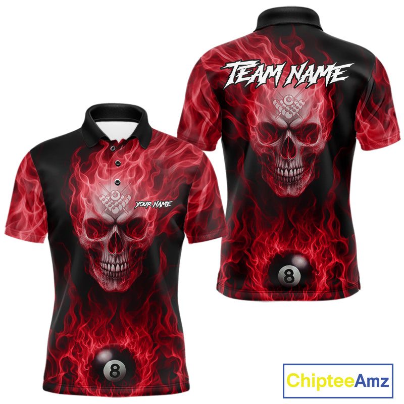 Red Flaming Skull 8 Ball Fire Billiard Shirt For Men Custom Billiard Team Jersey Polo & 1/4 Zip TDM5064