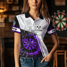 Load image into Gallery viewer, Personalized Purple Break Glass Dartboard Fire Polo, 1/4 Zip Custom Dart Shirts For Women Dart Jersey TDM3774