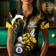 Load image into Gallery viewer, Woman wearing a yellow black funny bee thunder lightning 8 ball custom billiard jersey front view, personalized pool team shirt.