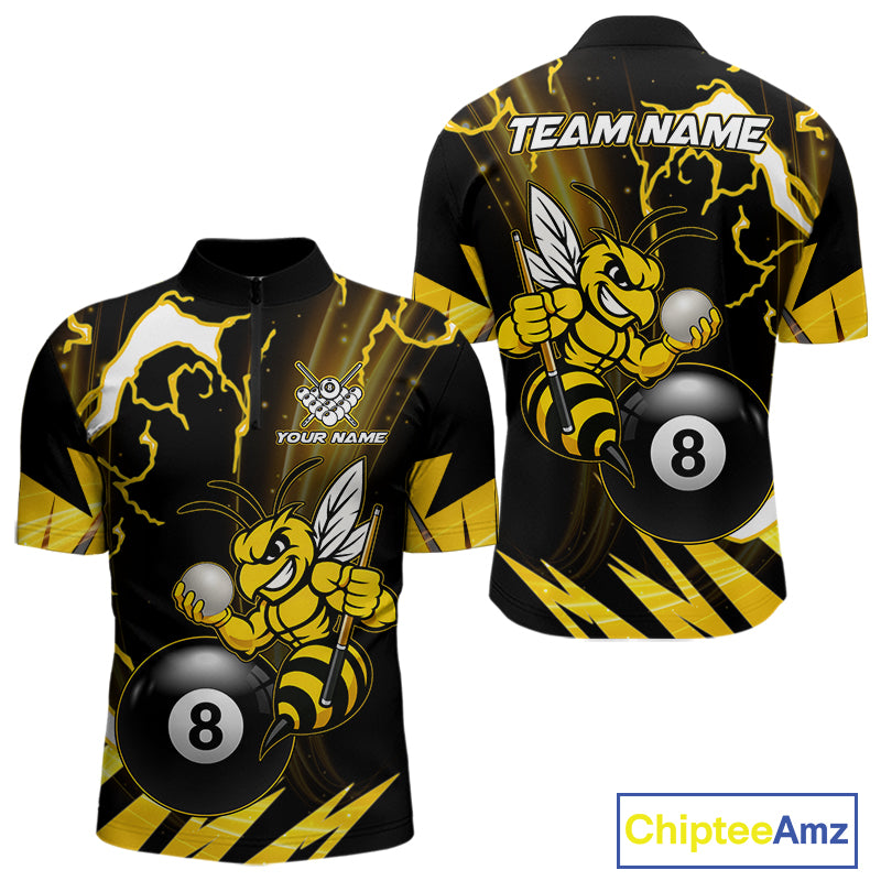 Yellow black funny bee thunder lightning 8 ball quarter zip billiard shirt for men, custom pool team jersey and tournament apparel.