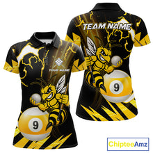 Load image into Gallery viewer, Yellow black funny bee thunder lightning 9 ball pool team polo shirt with custom billiard graphics, personalized billiard team jersey.