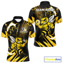 Load image into Gallery viewer, Yellow black funny bee 8 ball and 9 ball custom billiard polo shirt for men, personalized pool team jersey for tournaments.