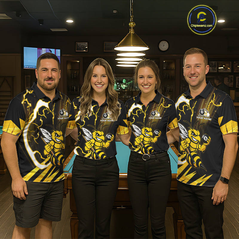 Pool team wearing matching yellow black funny bee 8 ball and 9 ball custom billiard jerseys during tournament competition front view.