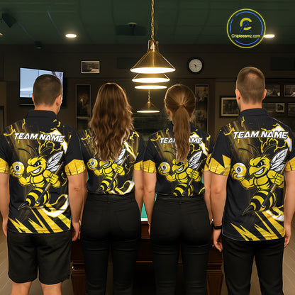 Back view of pool players wearing matching yellow black funny bee 8 ball and 9 ball billiard team shirts and custom pool jerseys.