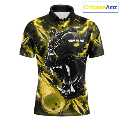 Yellow flame panther custom bowling polo shirt for men, personalized bowling team jersey for league tournaments.