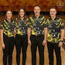 Load image into Gallery viewer, Bowling team wearing matching yellow flame panther custom bowling jerseys front view.