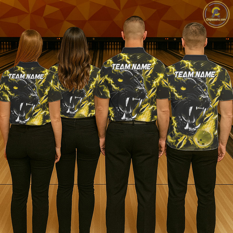Back view of bowling team wearing matching yellow flame panther bowling league jerseys.