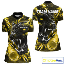 Load image into Gallery viewer, Yellow flame panther quarter zip bowling shirt for women, custom bowling team jersey and tournament apparel.