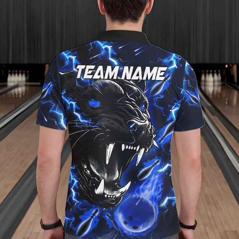 Back view of man wearing a blue flame panther bowling polo shirt, custom bowling team jersey design.
