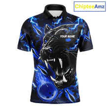 Load image into Gallery viewer, Blue flame panther custom bowling polo shirt for men, personalized bowling team jersey for league tournaments.