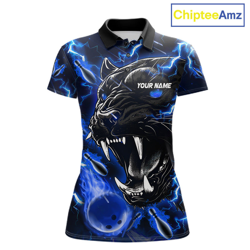 Blue flame panther custom bowling polo shirt for women, personalized bowling team jersey for league tournaments.