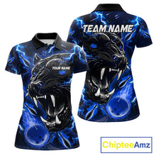 Load image into Gallery viewer, Blue flame panther bowling team polo shirt for women with custom league and tournament graphics.