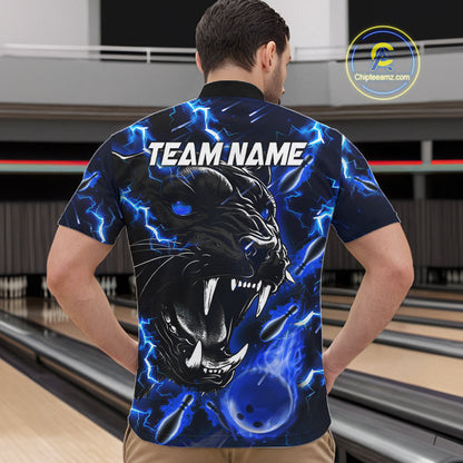 Back view of man wearing a blue flame panther quarter zip bowling shirt, bowling league team uniform.