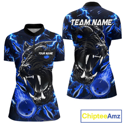 Blue flame panther quarter zip bowling shirt for women, custom bowling team jersey and tournament apparel.
