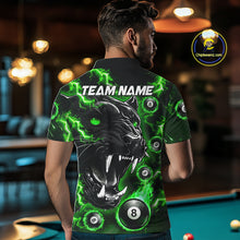 Load image into Gallery viewer, Back view of woman wearing a green flaming panther 8 ball billiard team jersey, custom pool tournament shirt.