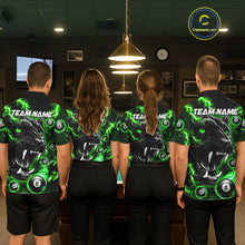 Load image into Gallery viewer, Back view of pool players wearing matching green flaming panther 8 ball billiard team shirts and custom pool jerseys.