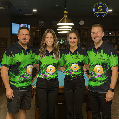 Pool Team Wearing Custom Black and Green 9 Ball Billiard Jerseys During League Competition and Tournament Matches, Front View